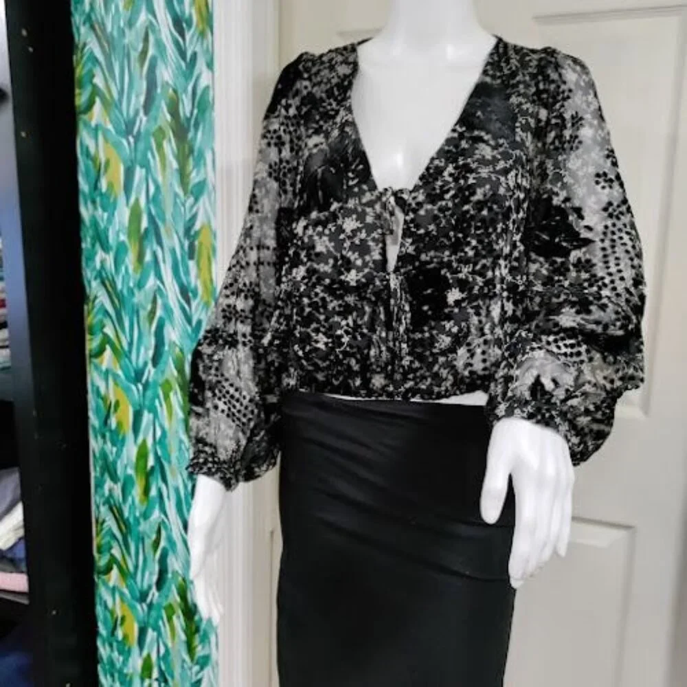ASTR the label Velvet Burnout Shawna Abstract Velvet Cropped Sheer Floral Top S - Picture 2 of 12
